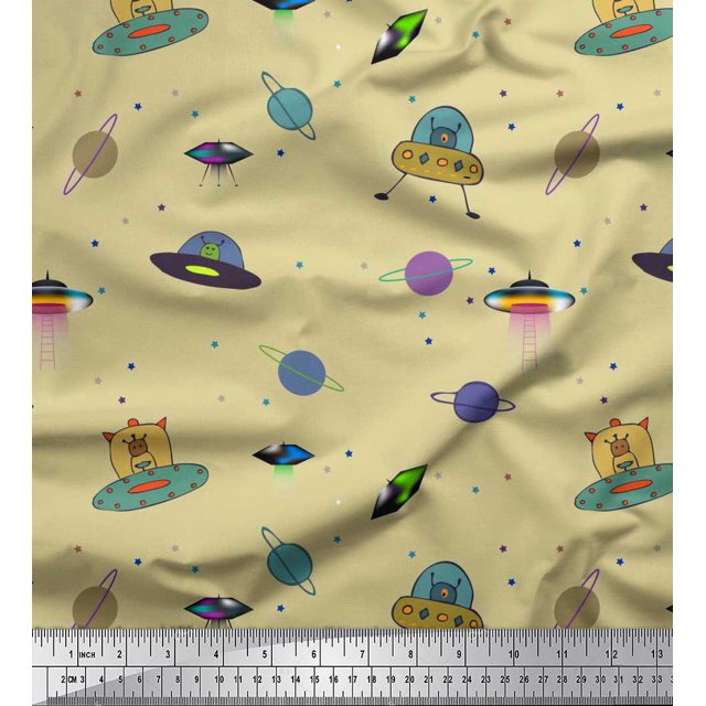 Soimoi Polyester Crepe Fabric Planet,Animal & Spaceship Cartoon Printed Fabric 1 Yard 52 Inch Wide