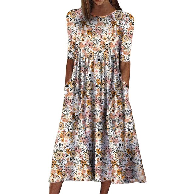 Spring and Summer Printed Round Neck Pullover Mid-Sleeve Casual Dress with Pockets for Women