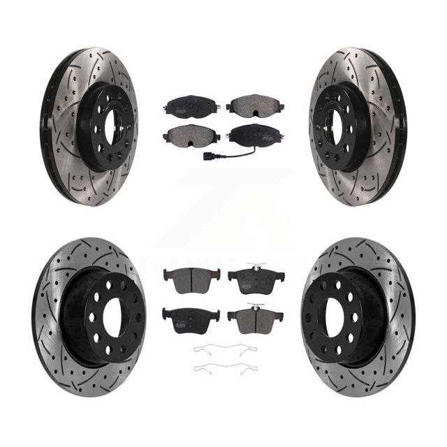 Transit Auto Front Rear Coated Drilled Slotted Disc Brake Rotors and Semi-Metallic Pads Kit for Car Volkswagen Jetta Taos KDF-101026