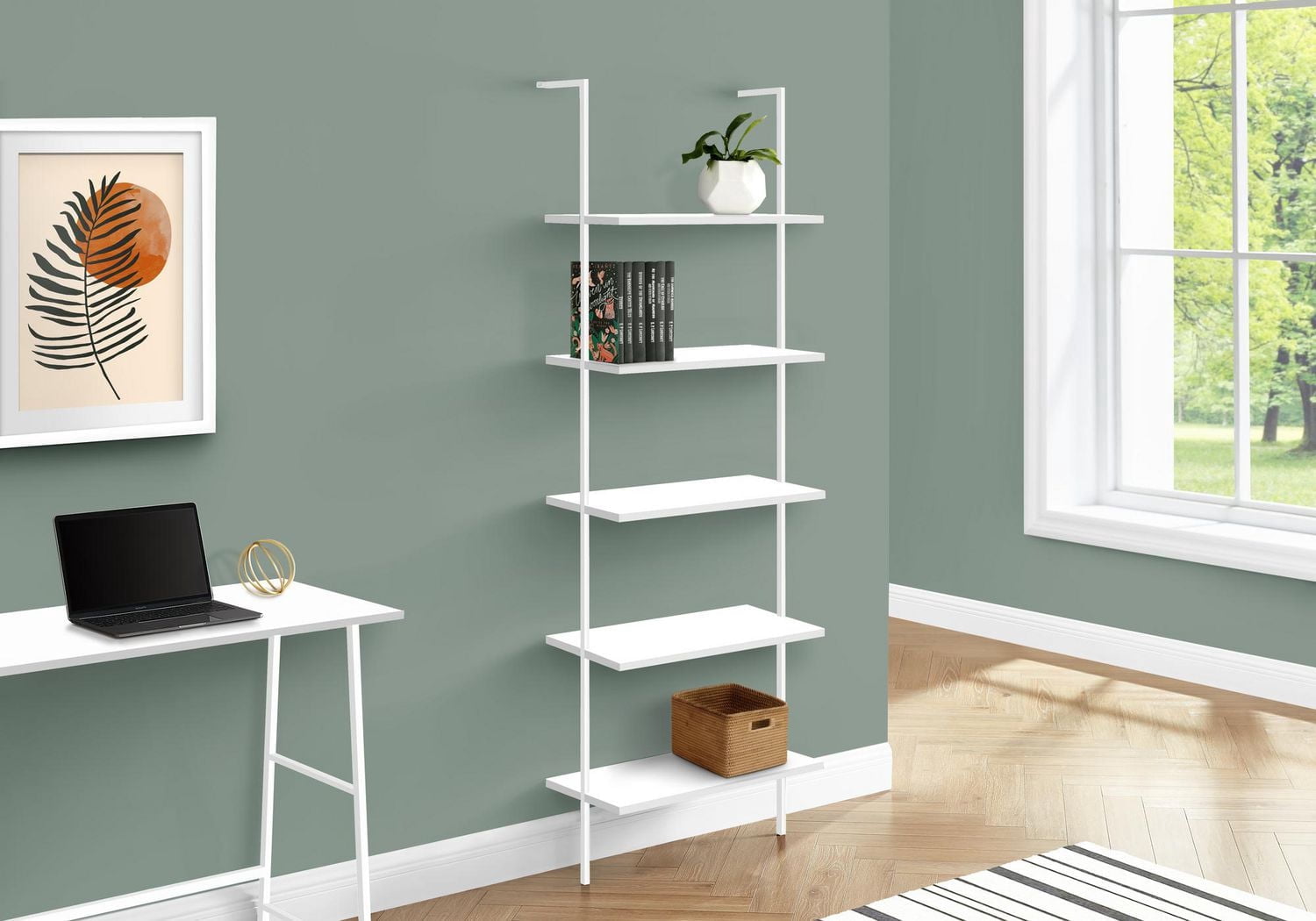 Monarch Specialties Bookshelf, Bookcase, Etagere, Ladder, 5 Tier, 72"h, Office, Bedroom, Metal, Laminate, White, Contemporary, Modern