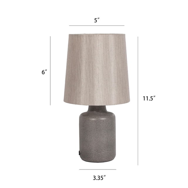 HOMETRENDS Accent Lamp with sand-painted grey steel base and light beige fabric shade, 11.5 inches tall with a 5-inch diameter shade and 6-inch height, featuring a push-through on/off switch, suitable for bedrooms, offices, and living rooms.