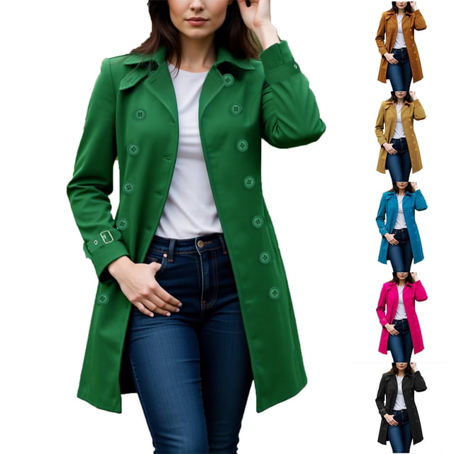 Manteau Trench Classique pour Femme à Revers Cranté, Style Intemporel à Double Boutonnage, Tissu Résistant à l'Eau, Manches Longues avec Boucles aux Poignets, Coupe Polyvalente Mi-Longue Conçue pour les Vêtements d'Extérieur Décontractés