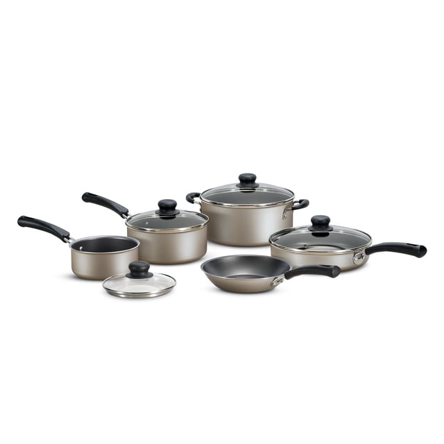 Tramontina 9 Pc Aluminum Nonstick Cookware Set in champagne features three pots and a frying pan with black ergonomic Bakelite handles, graphite nonstick interiors free of PFOA, and tempered glass lids with black knobs, suitable for everyday kitchenware use.