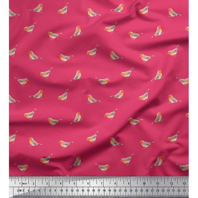 Soimoi Pink Heavy Canvas Fabric American Robin Bird Fabric Prints by Yard 58 Inch Wide