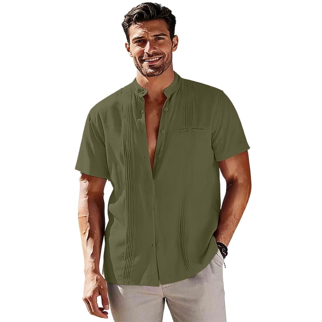 Ceisia Chemise Homme à Col Montant en Coton-Lin Été Ample Décontractée à Manches Courtes Boutonnée Vert Armée P Cadeaux