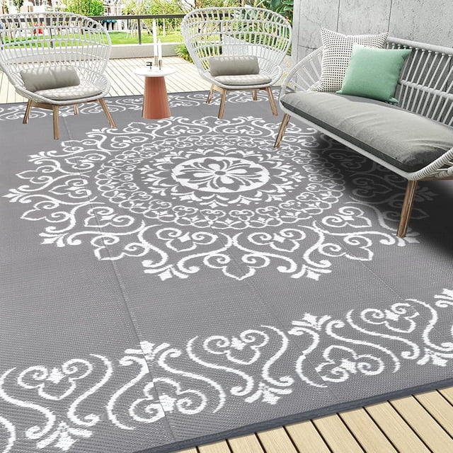 Findosom 9'x12' Waterproof Outdoor Rug, Foldable Reversible Plastic Straw Rug, Large Patio Rug for Outdoors, RV, Patio, Backyard, Deck, Picnic, Beach, Camping Gray