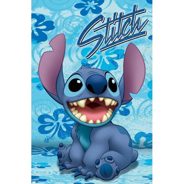 Disney Lilo and Stitch - Sitting Wall Poster featuring a centered, front-facing Stitch character sitting with a wide open mouth showing sharp teeth, large black eyes, and big purple inner ears on a blue floral patterned background with the word 'Stitch' in stylized text above, printed on glossy poster paper suitable for bedroom or kid's room decor.