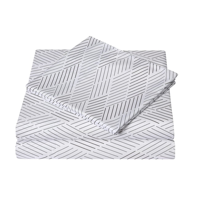 Mainstays Soft, Easy Care, Microfiber Sheet Set – Printed with a folded white microfiber sheet set featuring a printed geometric pattern of thin black diagonal lines forming diamond shapes, including a deep pocket fitted sheet with elastic all around that fits mattresses up to 14 inches deep, wrinkle resistant and easy care for bedroom bedding.