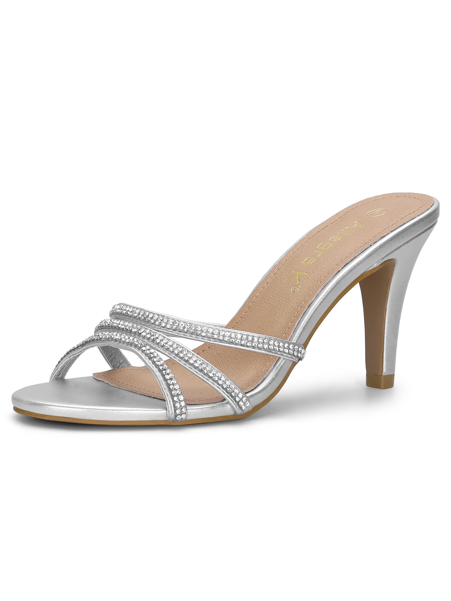 BLISSFUL STEP Sandales Mules à Talons Hauts Stilettos pour Femmes avec Décor de Strass Argent 6