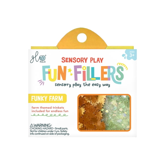 Glo Pals Fun Fillers Jouet Sensoriel pour Enfants, Édition Ferme Funky. l'Emballage Présente du Texte Coloré et des illustrations, Mettant l'Accent sur des Accessoires Sensoriels à Thème Ferme Conçus pour le Jeu Imaginatif. Inclut des Bibelots Réutilisables Adaptés aux Bacs Sensoriels Ou aux Pots de Jeu, Favorisant l'Exploration tactile pour 3 Ans et Plus.