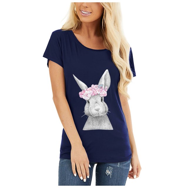 Hauts d'Été pour Femmes Grande Taille Femmes T-shirt à Col Rond Imprimé Lapin Pâques Manches Courtes Décontracté Ample Blouse T-shirt à Col en V Femmes en Liquidation