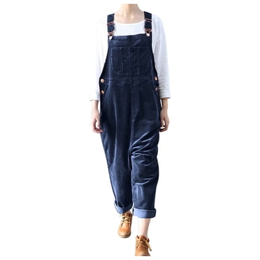 jovati Casual Women Romper Women Casual Solid Pocket Romper Long Playsuit Strap Button Loose Jumpsuit