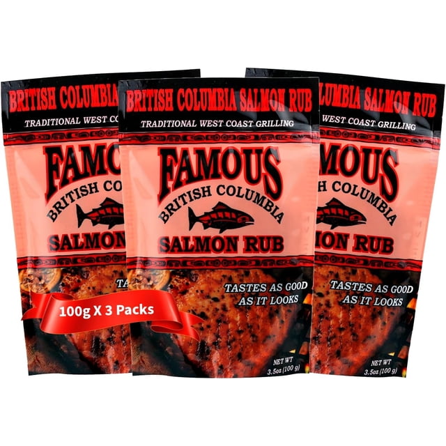 Howard's Famous British Columbia Salmon Rub, pack of 3, featuring 100g pouches of all-natural seasoning. The packaging highlights 'Traditional West Coast Grilling' and 'Tastes as Good as it Looks,' with a vibrant design showcasing a salmon graphic and grilled salmon imagery. Ideal for enhancing seafood dishes with a blend of natural herbs and spices, perfect for grilling, baking, or pan-searing.