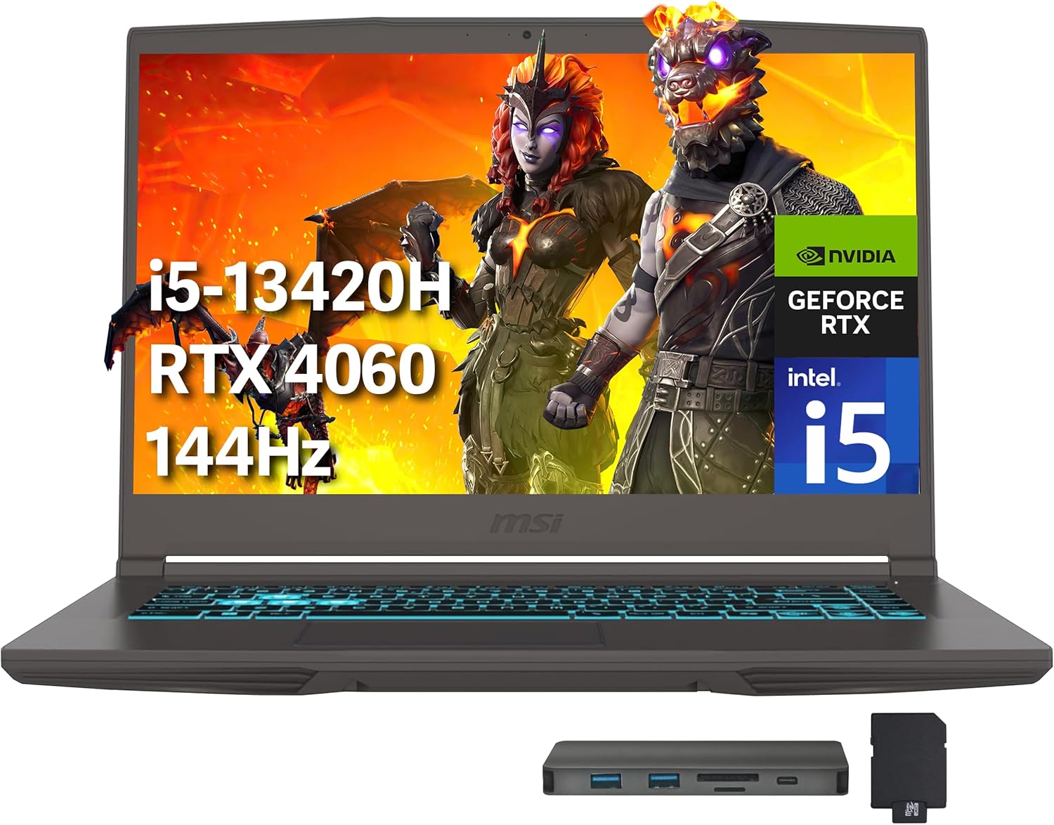 MSI Thin 15 15,6 Pouces FHD 144Hz Ordinateur Portable de Jeu, Intel i5-13420H, 64 Go RAM, 4 To PCIe SSD, NVIDIA GeForce RTX 4060, Clavier Rétroéclairé, Caméra Web, Win 11 Pro, Gris, Station d'Accueil 256 Go