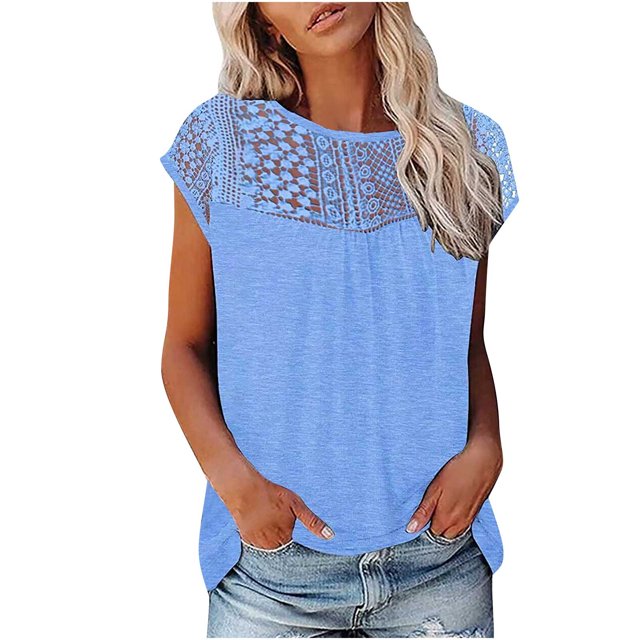 Mikilon Ensemble Élégant pour Femmes 2 Pcs Haut à Manches Courtes Imprimé Patchwork en Dentelle Col Rond Chic Confortable Ensemble Haut/chemise Col Rond Bleu TP