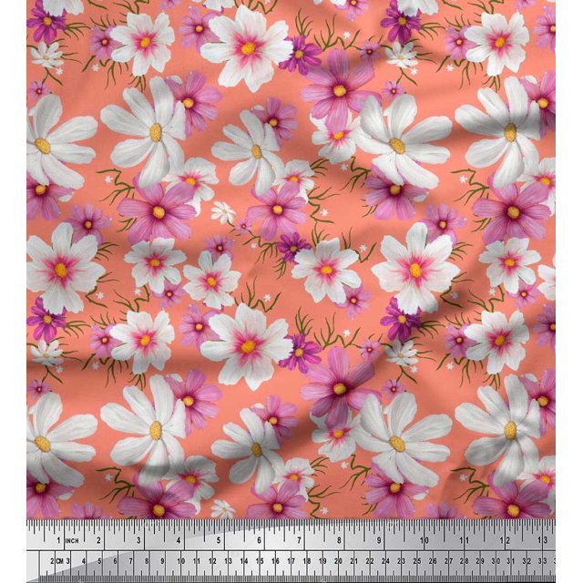 Soimoi Polyester Crepe Fabric Cosmos Floral Printed Fabric 1 Yard 52 Inch Wide