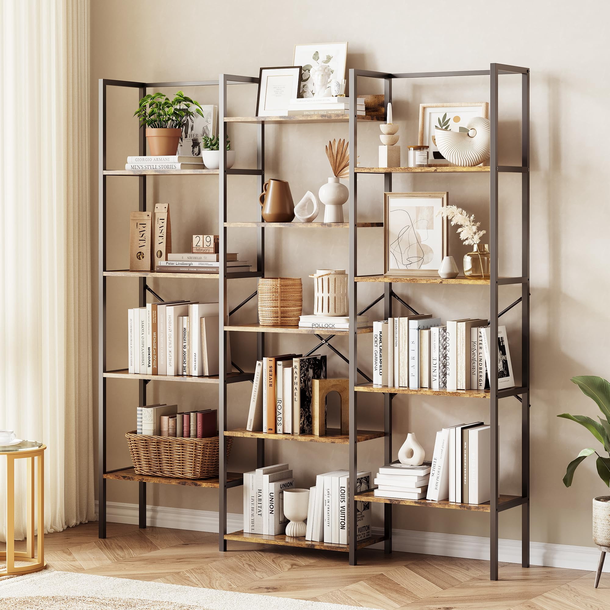BeesClover Triple 5 Tier Bookshelf, Wide Book Shelf Multi-Layer Open Shelving Unit Display Shelves, Modern Tall Bookcase Storage Furniture for Living Room Home Office