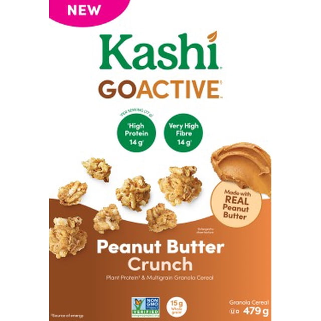 Kashi® GoActive™ Peanut Butter Crunch Granola Cereal 479 g package front showing crunchy granola clusters with puffed grains, highlighting 14 g protein and very high fibre per 77 g serving, made with real peanut butter and natural ingredients, ideal for a nutritious breakfast.