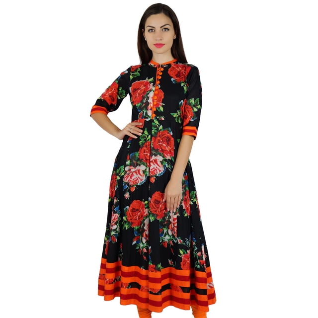Bimba Kurti Anarkali à Col Mandarin Imprimée pour Femmes, Robe Ethnique Indienne de Designer