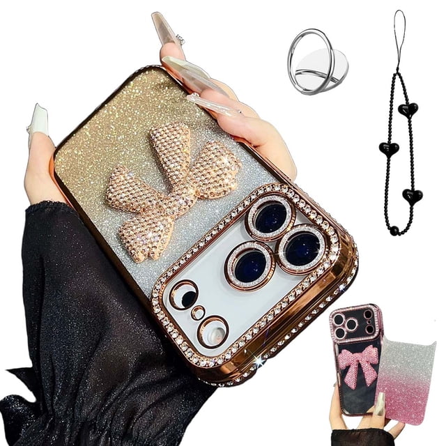 Sparkling Diamond Women's Phone Case with Cute Bow for iPhone 17/15/14/13/12/11ProMax, Luxury Full-Coverage Anti-Scratch Shockproof 3D Crystal Bow Protective Case (Gold, for iPhone 17ProMax)