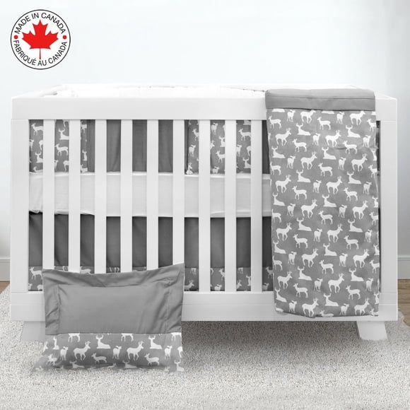 Bebelelo Ensemble de Literie de Bassinette 7 Pcs Incluant Jupe, Couette, Housse de Couette, Drap-Housse et Plus pour Enfants, Bébés Garçons et Filles (Gris et Blanc avec Motif de Cerf)