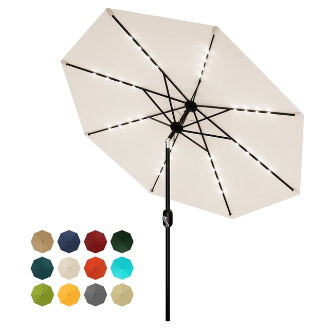 Solar LED Lighted Patio Umbrella 9FT – UV Resistant, Waterproof, Tilt & Crank, 8 Ribs – Outdoor Market Table Umbrella for Pool, Deck, Backyard – Navy Blue & Dark Green Options