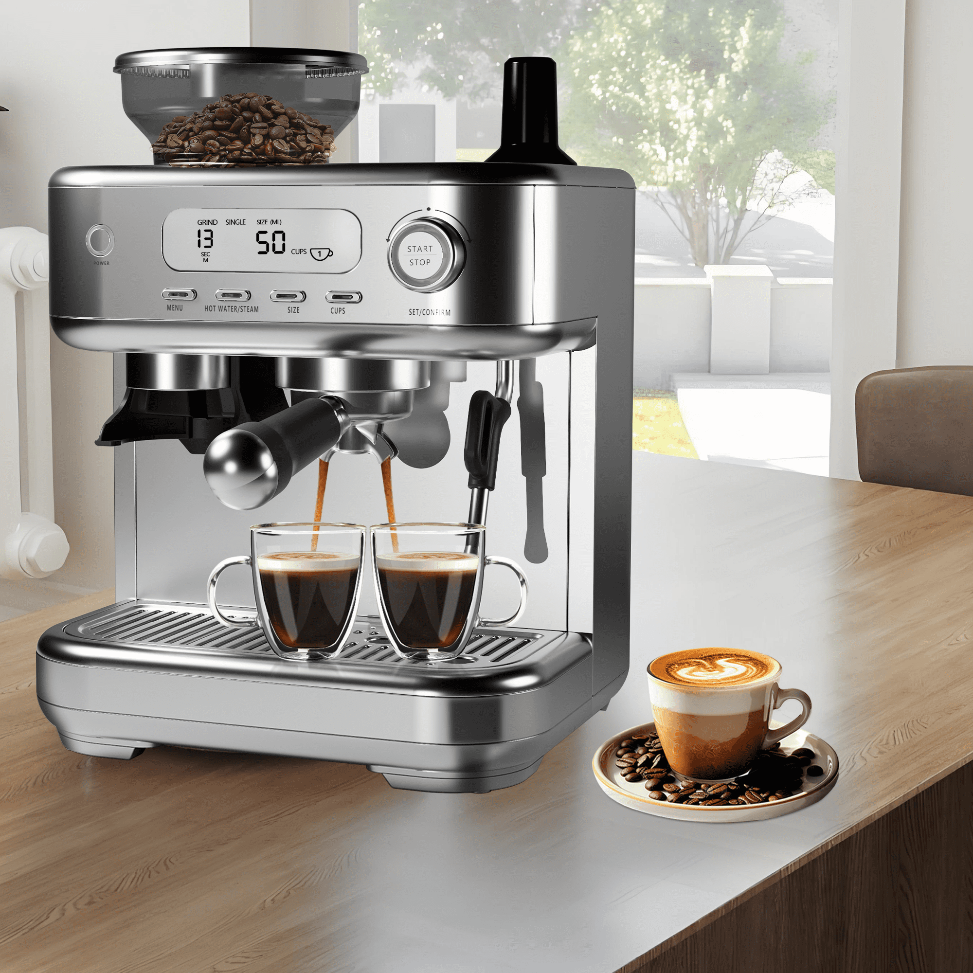 15 Bar Espresso Machine with Built-in Grinder, Programmable Coffee Maker with PID, Milk Frother & 8.8 Oz Bean Hopper for Cappuccino and Latte