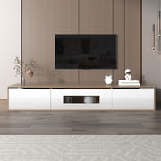 71" LED TV Stand for 80 Inch TV, High Gloss Entertainment Center with 3 Storage Cabinets and Hollow Door, Modern TV Media Console with Power Outlet & Light for Living Room, Bedroom, Natural + White