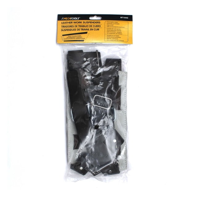 MECHTOOLS Bretelles en Cuir avec Sangles en Cuir Noir Épaisses, Pinces à Ressort Robustes et Boucles Métalliques Ajustables dans l'Emballage d'Origine, Conçues pour un Usage Professionnel Sans suspension stronghold, Offrant Confort et Port Facile à Enfiler/enlever.