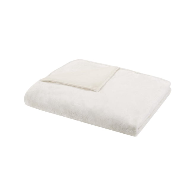 Beautyrest Plush Weighted Blanket folded in off-white with a soft plush texture, containing non-toxic ceramic beads for deep pressure stimulation to promote calmness and deeper sleep, designed for heavyweight warmth and easy care.