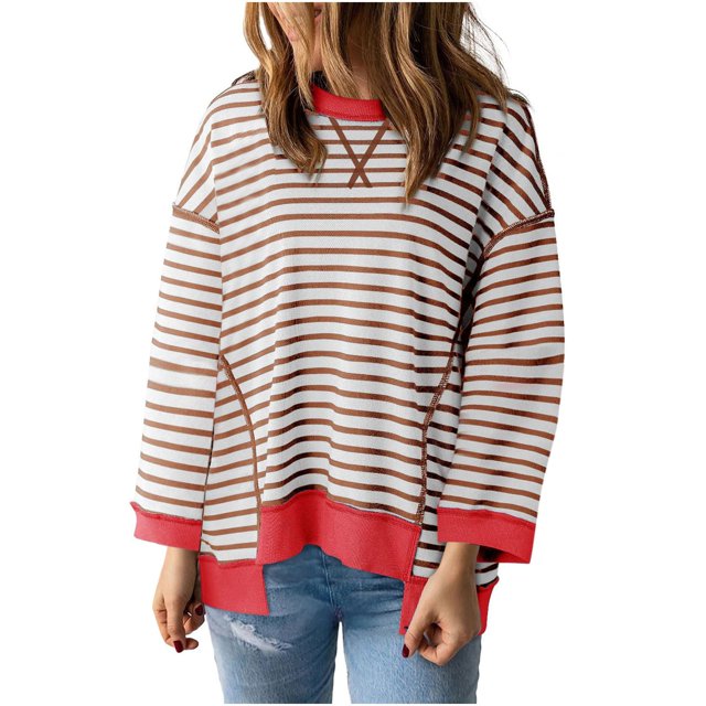 Pisexur Chandails à Capuchon pour Femmes à Imprimé Rayé, Chandails à Col Rond Décontractés et Stylés, Chemises à Manches Longues pour Femmes, Mode d'Automne, Chandail à Capuchon Ample et Surdimensionné, Hauts à Enfiler Légers et Confortables, Ourlet Irrégulier, Chandail
