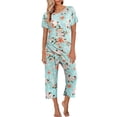 thumbnail image 2 of WTXUE Ensembles Lounge Ensembles de Pyjama Pyjamas pour Femmes Hauts Pantalons Capri Imprimé avec Poches Ensemble de Pyjama 2 Pcs L, 2 of 7
