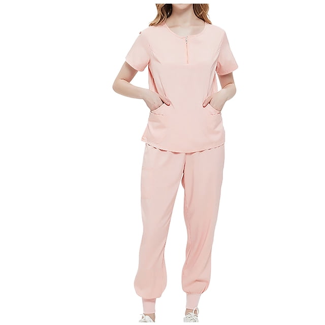 Styesk Sarraus pour Femmes Couleur Unie Ensembles de Sarraus Extensibles Pantalons de Sarrau Taille Haute Col Ras du Cou Hauts de Sarrau à Fermeture Éclair Joggers de Sarrau Confortables avec Poches Ensemble d'Uniforme d'Infirmière 2 Pcs
