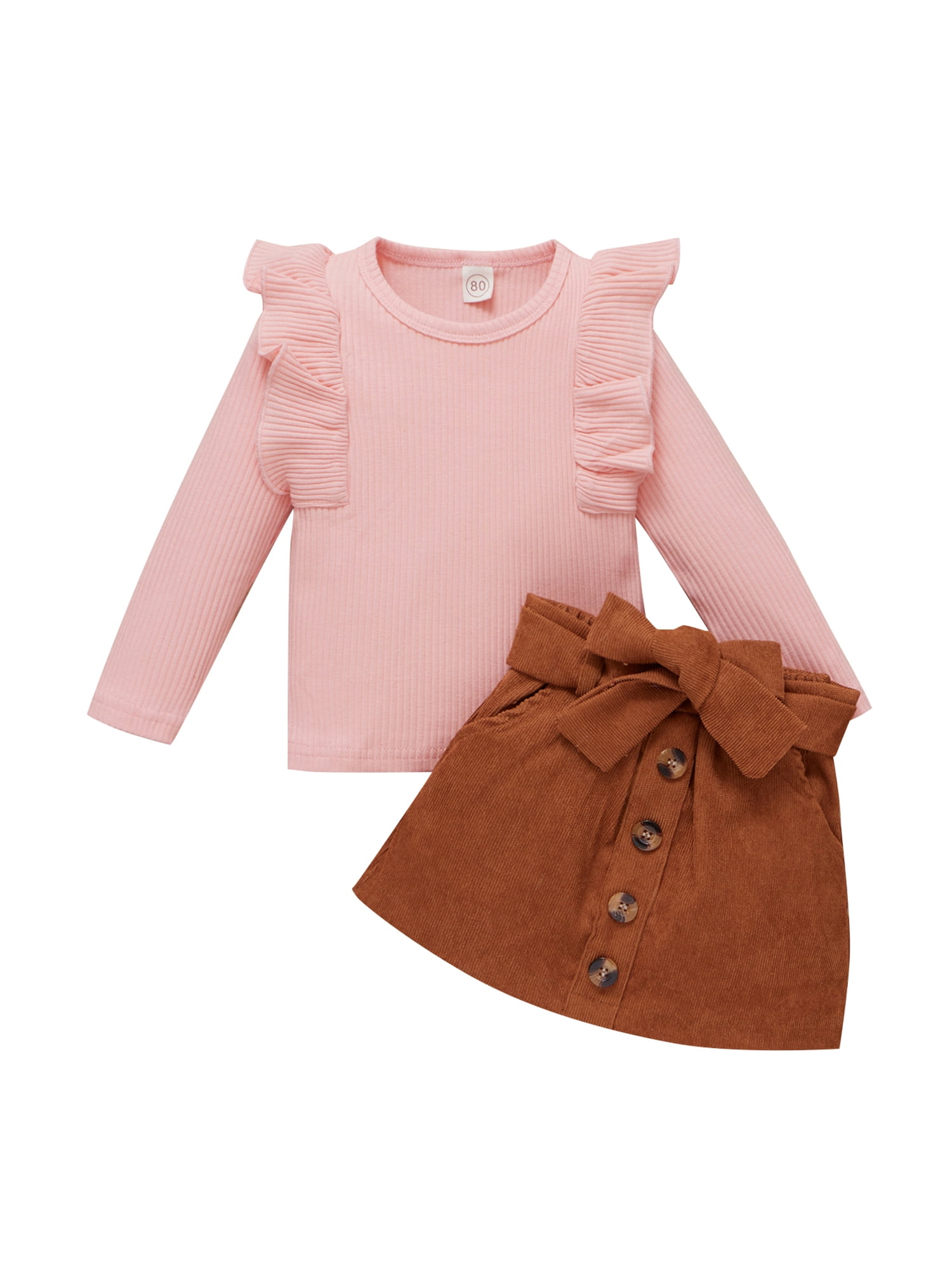 Xingqing Toddler Baby Girls Fall Spring Outfits Knitted Ribbed Ruffle Long Sleeve Shirt Tops+Skirt Set Pink 2-3 Years