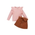 thumbnail image 1 of Xingqing Toddler Baby Girls Fall Spring Outfits Knitted Ribbed Ruffle Long Sleeve Shirt Tops+Skirt Set Pink 9-12 Months, 1 of 9