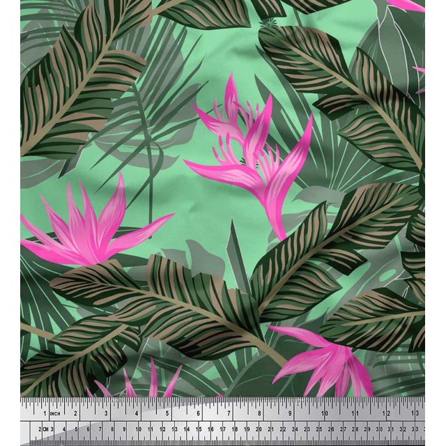 Soimoi Modal Satin Fabric Floral & Leaves Tropical Print Sewing Fabric Yard 42 Inch Wide