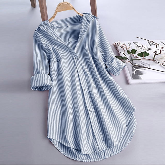 Meichang Womens Striped Button Down Shirt Plus Size Tunic Tops Long Sleeve Roll Up Collared Blouses Loose Fit Curve Hem Work Tops
