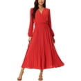 thumbnail image 1 of INSPIRE CHIC Robe Plissée pour Femme Manches Longues Bouffantes Col en V Robe avec Ceinture à la Taille m Rouge, 1 of 7