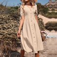thumbnail image 4 of CHOK Robes en Coton et Lin pour Femmes, Boutonnées, Col en V, à Nouer, Manches Bouffantes, Froncées, Ligne A, Robe Midi, Robes d'Été pour le Soleil, 4 of 4