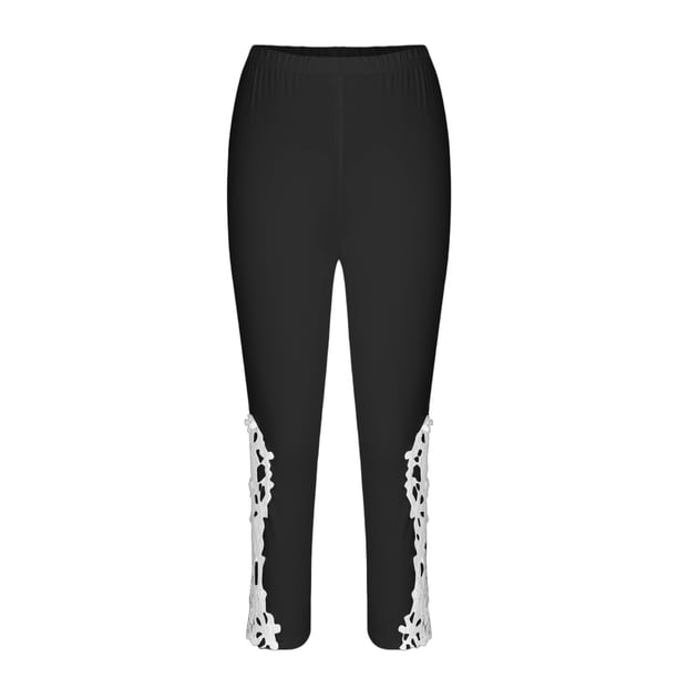 XZNGL Casual Solid Color Lace Trim 3/4 Pants for Women, Stretchy