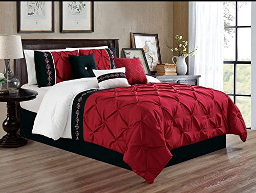 7 Pieces Queen Size Burgundy Red / Black / White Double-Needle Stitch Pinch Pleat All-Season Bedding-Down Alternative Embroidered Comforter Set