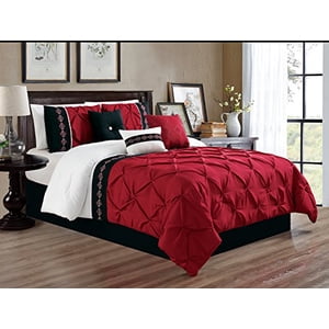 7 Pieces Queen Size Burgundy Red / Black / White Double-Needle Stitch Pinch Pleat All-Season Bedding-Down Alternative Embroidered Comforter Set