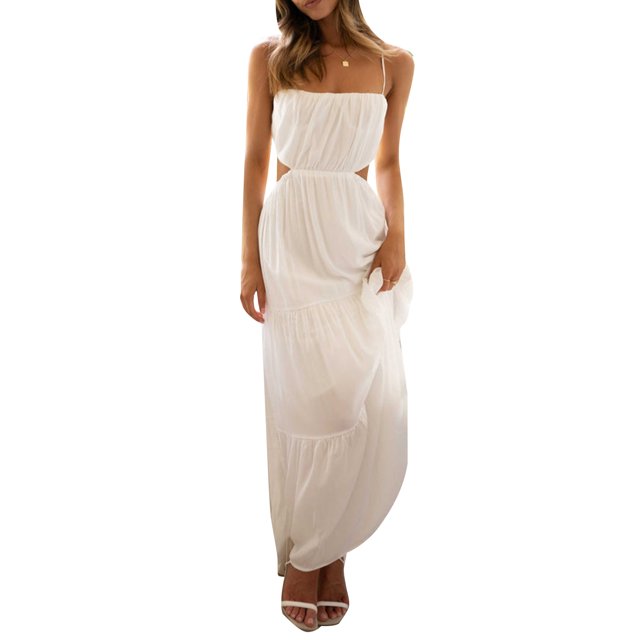 Faithtur Robe d'Été pour Femmes Robe Spaghetti Couleur Unie Taille Découpe Ouverte Dos Longue Robe