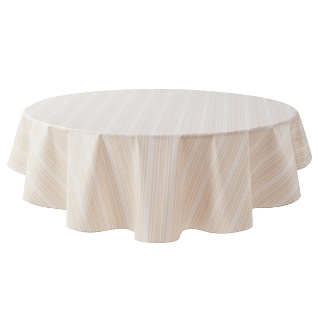 Mainstays PEVA Tablecloth 70" Round, Beige Tan Stripe with a round shape and beige tan vertical stripes. Made with water- and stain-resistant PEVA top and polyester microfiber backing, it is easy to wipe clean and suitable for indoor and outdoor dining occasions.