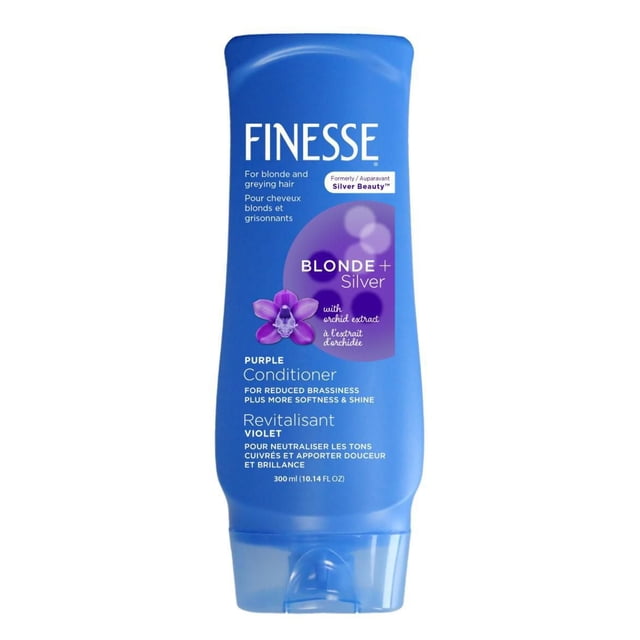 Finesse Purple Conditioner 300ml in a blue squeeze bottle for blonde and greying hair, enriched with orchid extract to reduce brassiness and enhance softness and shine, suitable for hair care targeting grey tones, formerly Silver Beauty.