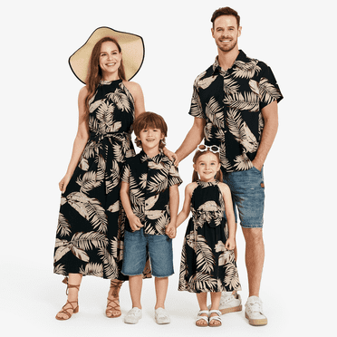 PatPat Family Matching Outfit Sets Black Women M Mommy and Me Family Matching Solid Leaf Sleeveless Halter Dresses And Short Sleeve Tops Sets