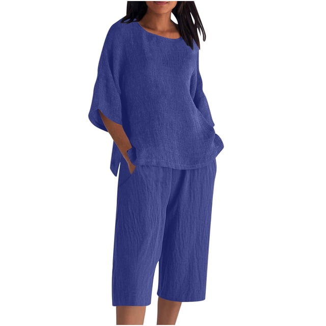 Ensemble Décontracté pour Femme, Haut à Col Rond à Manches 3/4 et Short à Taille Élastique, Tissu Polyester Respirant pour Détente et Tenue d'Été Confortable