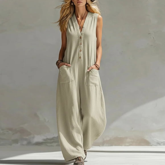 Jacenvly Womens Tops Casual Clearance Women's Casual Solid Color Linen Sleeveless Jumpsuit Tops for Women Plus Size