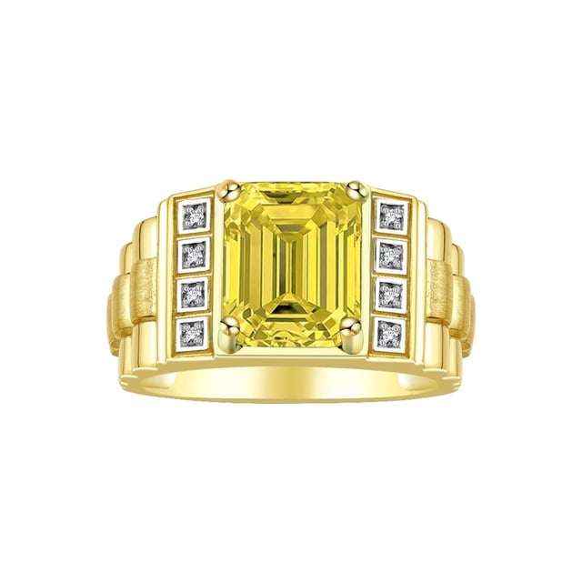 RYLOS Men's Rings 14K Yellow Gold Designer Style 10X8MM Emerald Cut Shape Gemstone & Diamonds Citrine November Birthstone Rings For Men Size 10