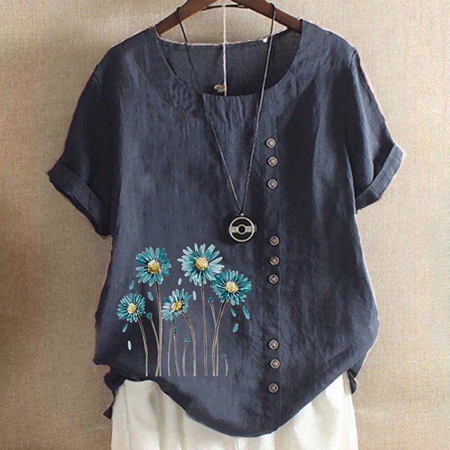 TopLLC Chemises Mexicaines pour Femmes Hauts Brodés Traditionnels Tunique Décontractée à Fleurs pour Femmes Col Rond Manches Courtes Chemises en Lin